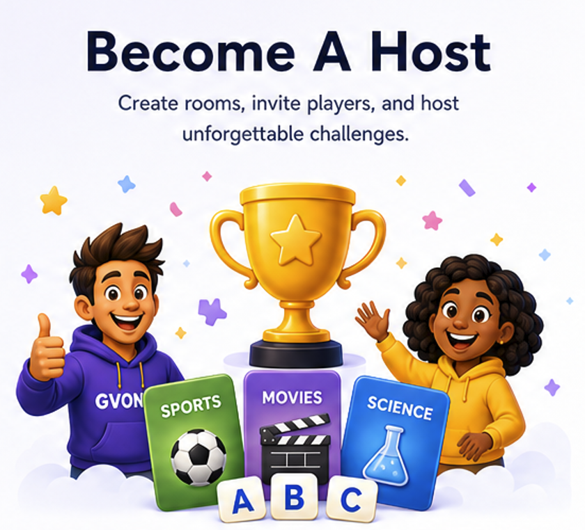 Host characters celebrating with trophy and category cards