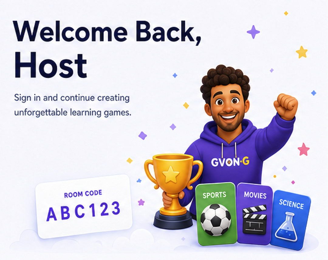 Host character celebrating with trophy and category cards